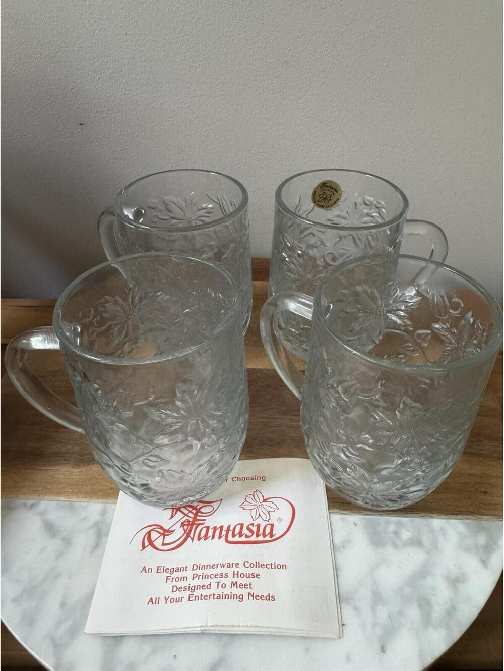 Princess House, Crystal Fantasia Mugs Set Of 4  Poinsettia # 516￼NIB